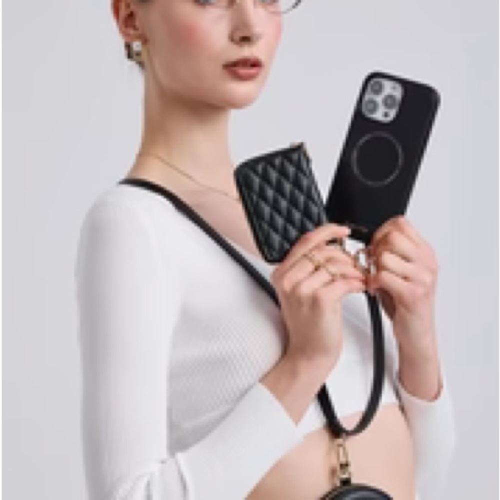 Elegant Black IPhone 16 Case with Strap and Accessories